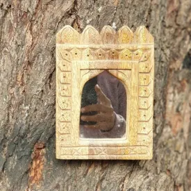 SPICE BOX handmade Vintage style Indian Temple Mirror Small Wall Decor 13X18cm Handcarved in Solid Hard Wood Decorative Wall Mirror Frame Bedroom | Home Decor | Living Room | TMN080005 5X7inch NATURAL