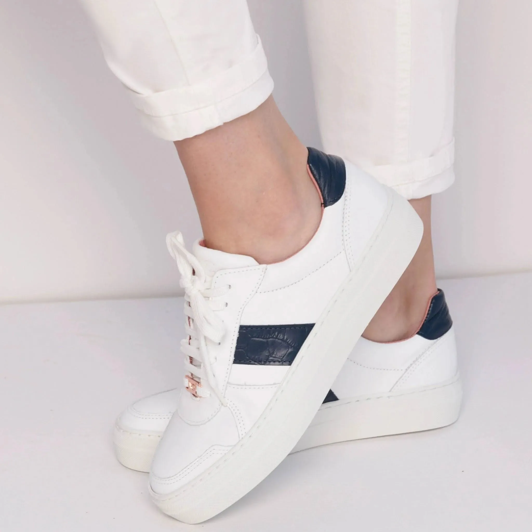 Stella White/Navy Leather Trainers