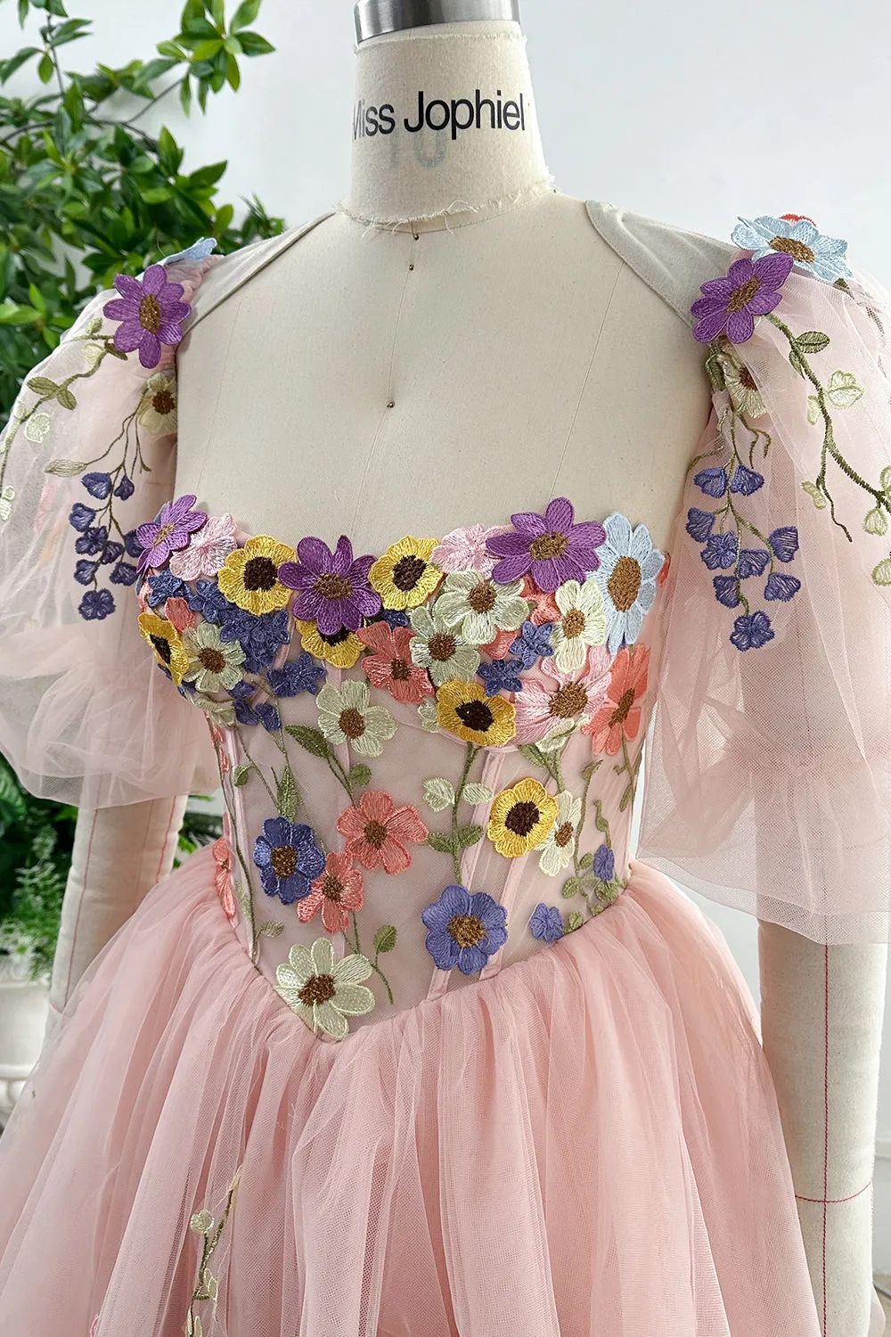 Strapless Corset Floral Applique Dress with Removable Puff Sleeves