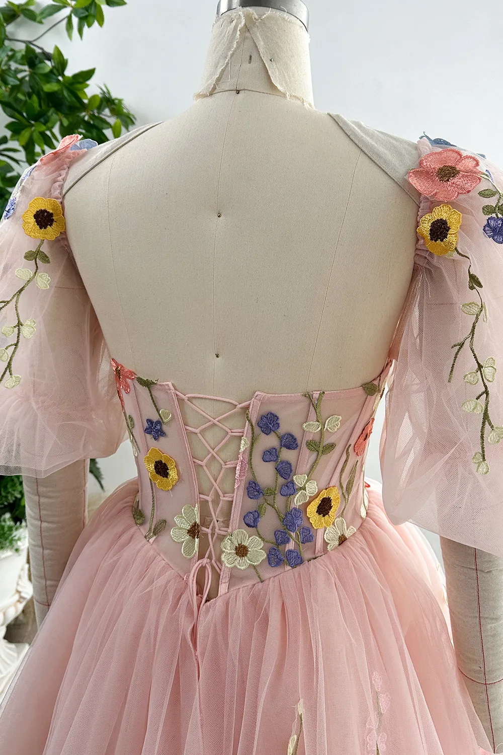 Strapless Corset Floral Applique Dress with Removable Puff Sleeves