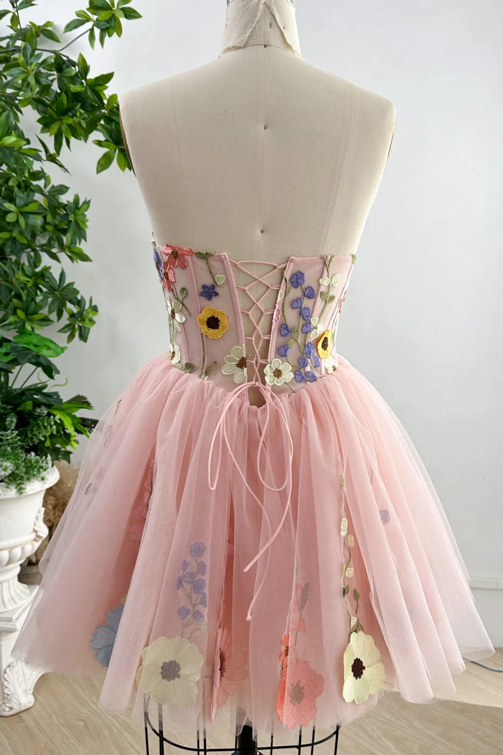 Strapless Corset Floral Applique Dress with Removable Puff Sleeves