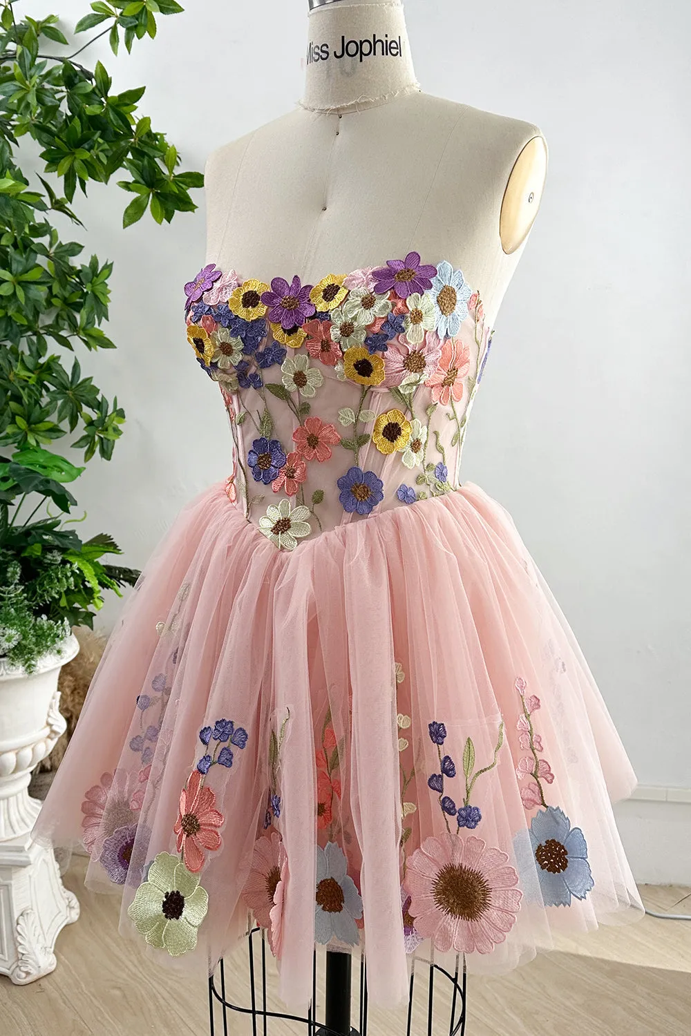 Strapless Corset Floral Applique Dress with Removable Puff Sleeves