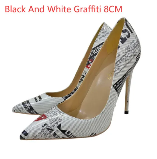 Trendy Graffiti Pointed Toe Heel Shoes – Fashionable Low-Cut Design🎨👠