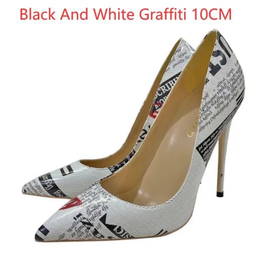 Trendy Graffiti Pointed Toe Heel Shoes – Fashionable Low-Cut Design🎨👠