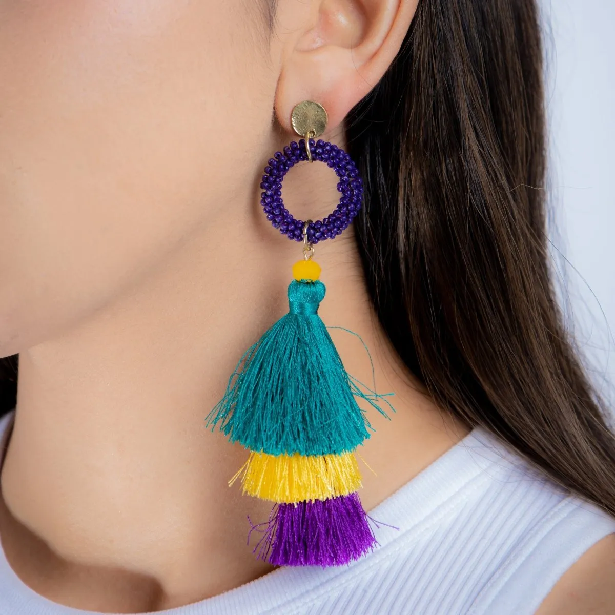 Triple-Tiered Tassel Mardi Gras Earrings with Beaded Hoop
