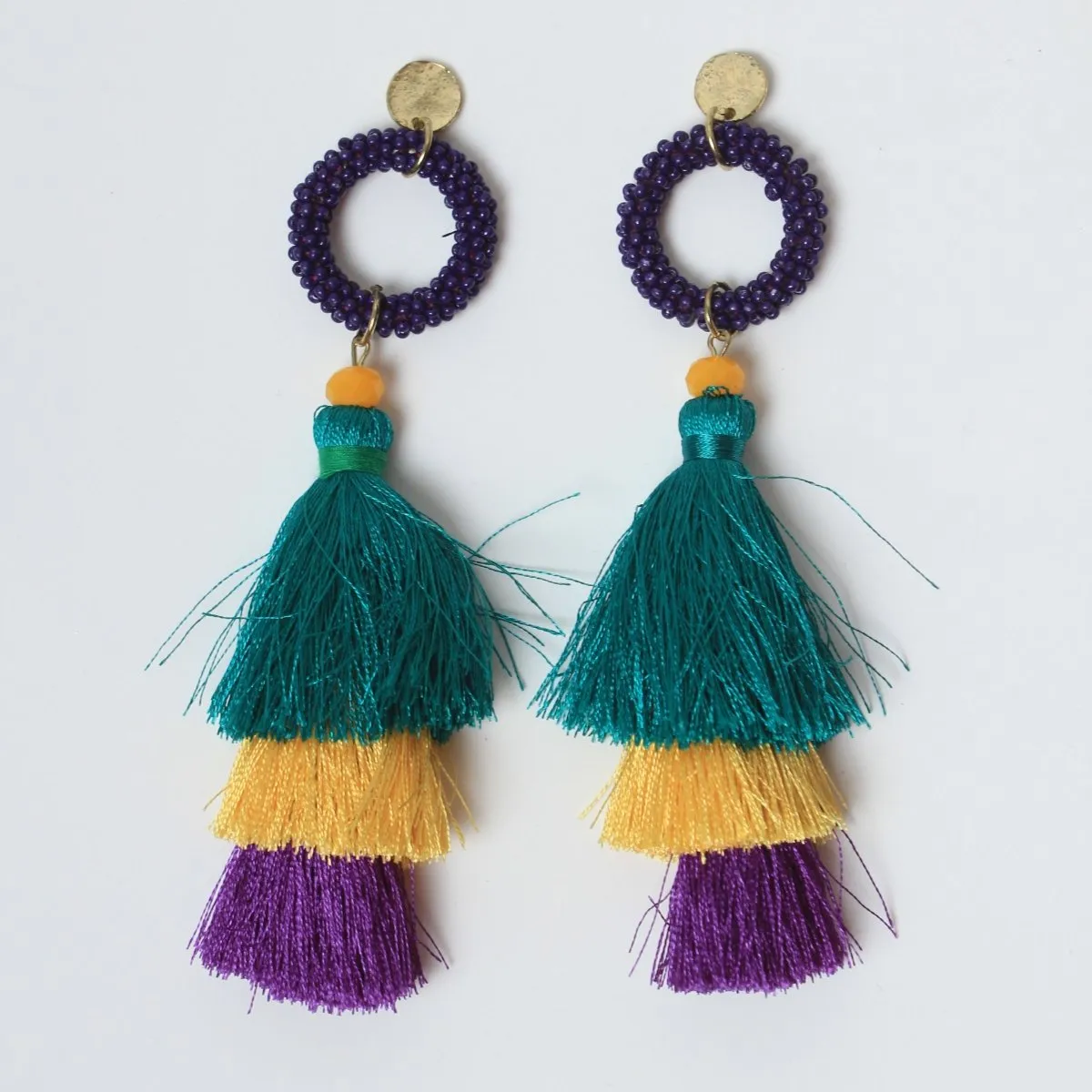 Triple-Tiered Tassel Mardi Gras Earrings with Beaded Hoop
