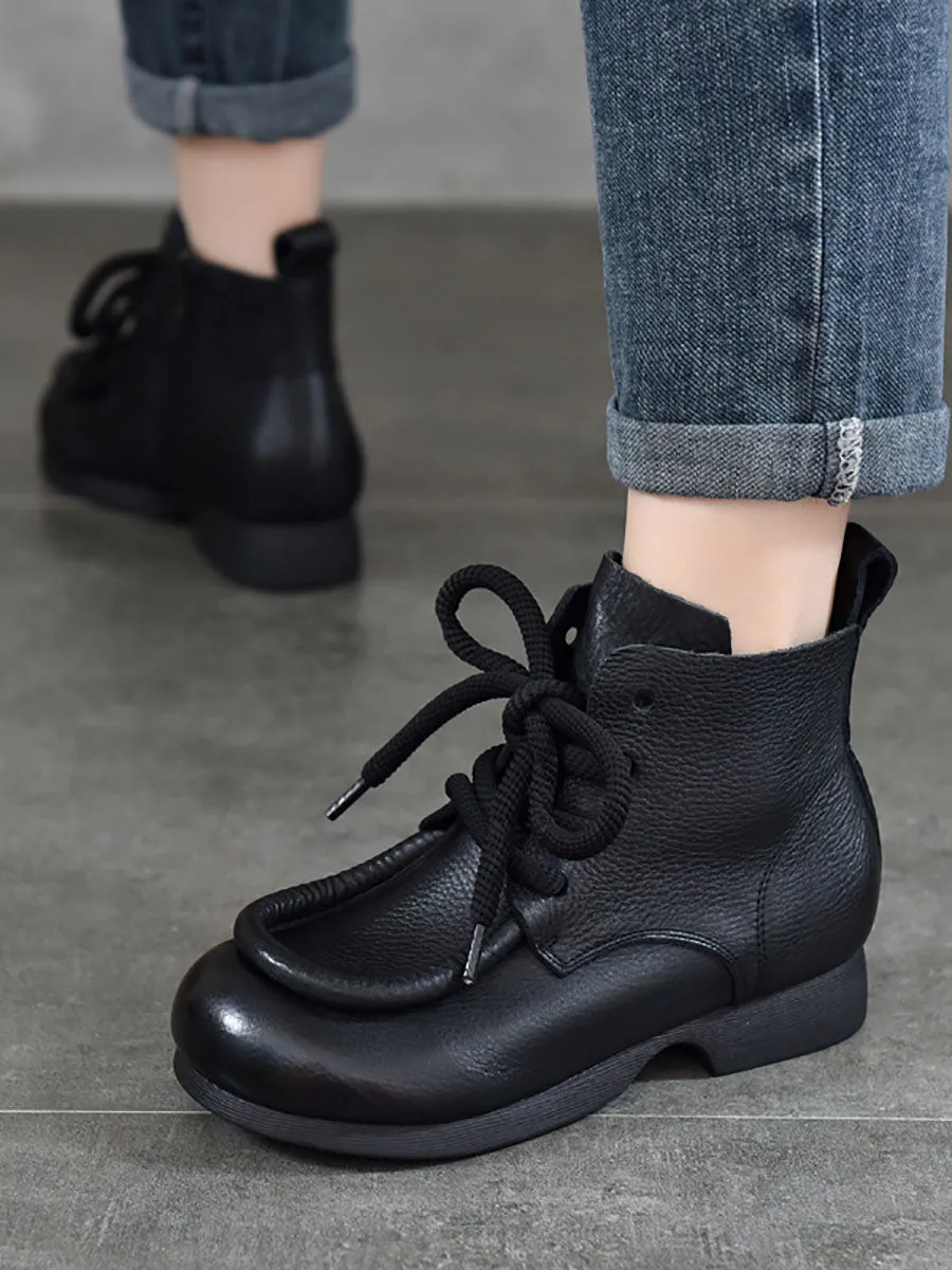 Women Winter Pure Color Leathe Strap Low Heel Boots