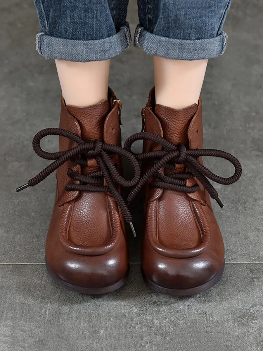Women Winter Pure Color Leathe Strap Low Heel Boots